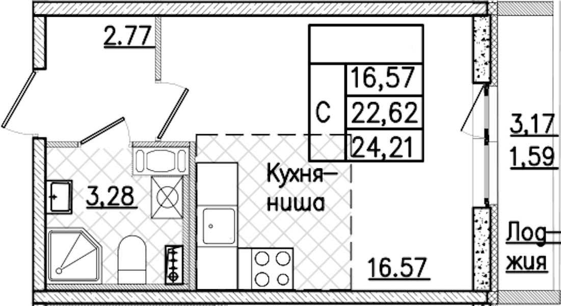 Квартира студия 24.21 м², 6/9 эт., ЖК «Кинопарк»