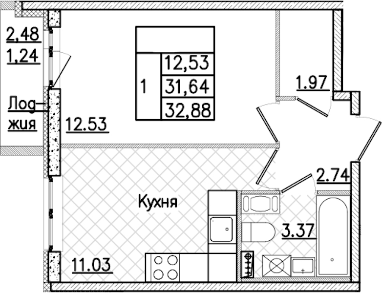 1-комнатная квартира 32.88 м², 8/9 эт., ЖК «Кинопарк»