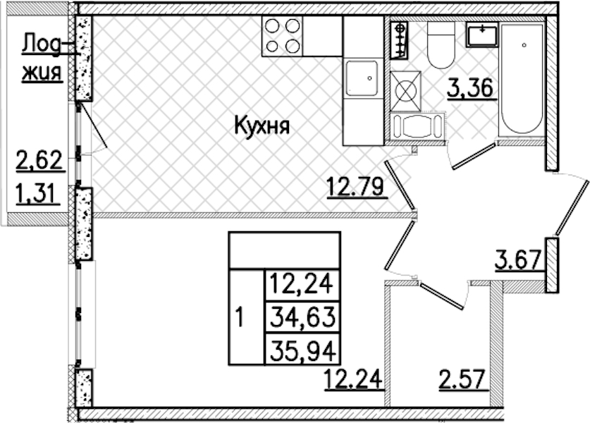 1-комнатная квартира 35.94 м², 9/9 эт., ЖК «Кинопарк»