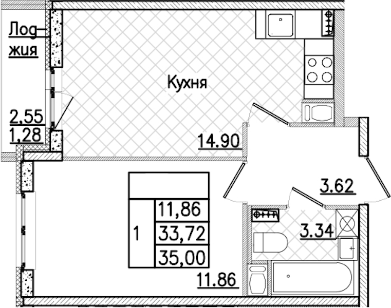 1-комнатная квартира 35 м², 9/9 эт., ЖК «Кинопарк»