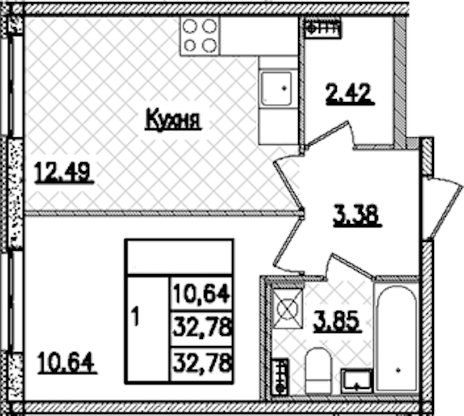 1-комнатная квартира 32.78 м², 1/9 эт., ЖК «Кинопарк»