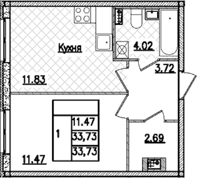 1-комнатная квартира 33.73 м², 1/9 эт., ЖК «Кинопарк»