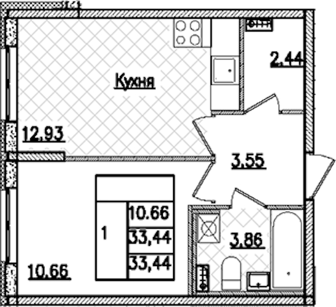1-комнатная квартира 33.44 м², 1/9 эт., ЖК «Кинопарк»
