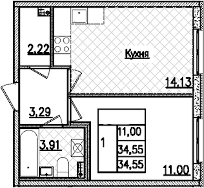 1-комнатная квартира 34.55 м², 2/9 эт., ЖК «Кинопарк»