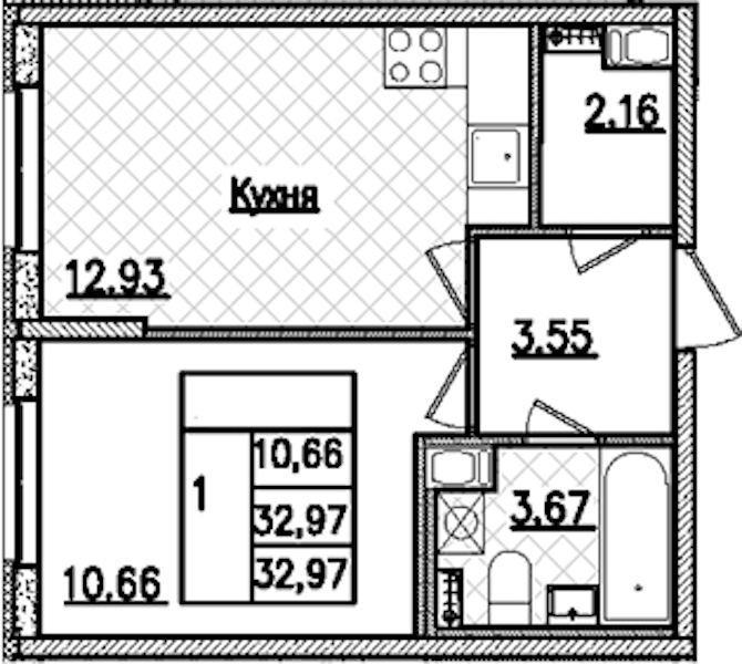 1-комнатная квартира 32.97 м², 2/9 эт., ЖК «Кинопарк»