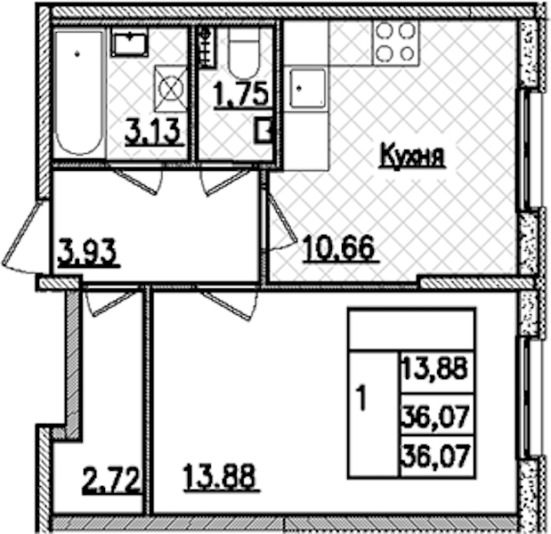 1-комнатная квартира 36.07 м², 2/9 эт., ЖК «Кинопарк»