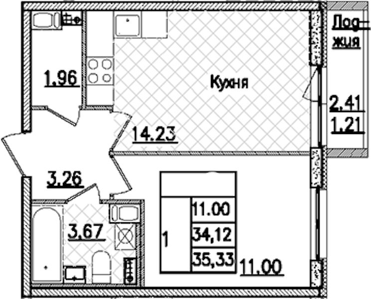 1-комнатная квартира 35.33 м², 3/9 эт., ЖК «Кинопарк»