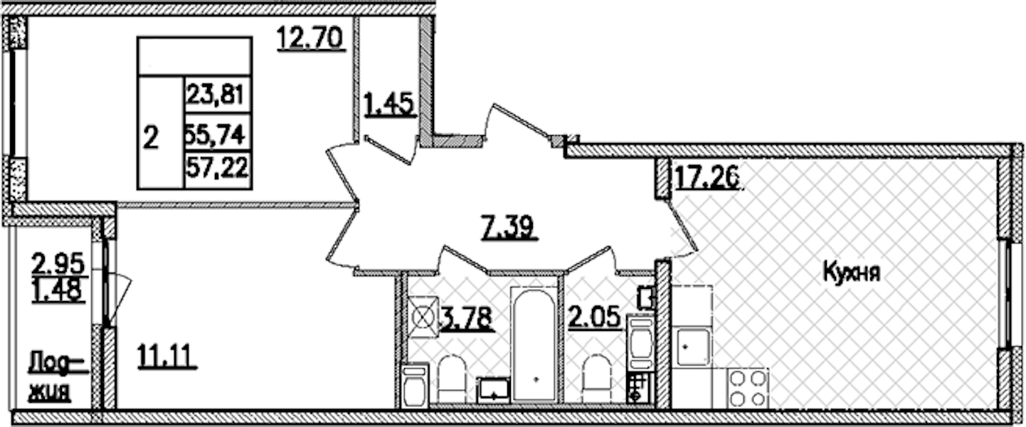 2-комнатная квартира 57.22 м², 3/9 эт., ЖК «Кинопарк»