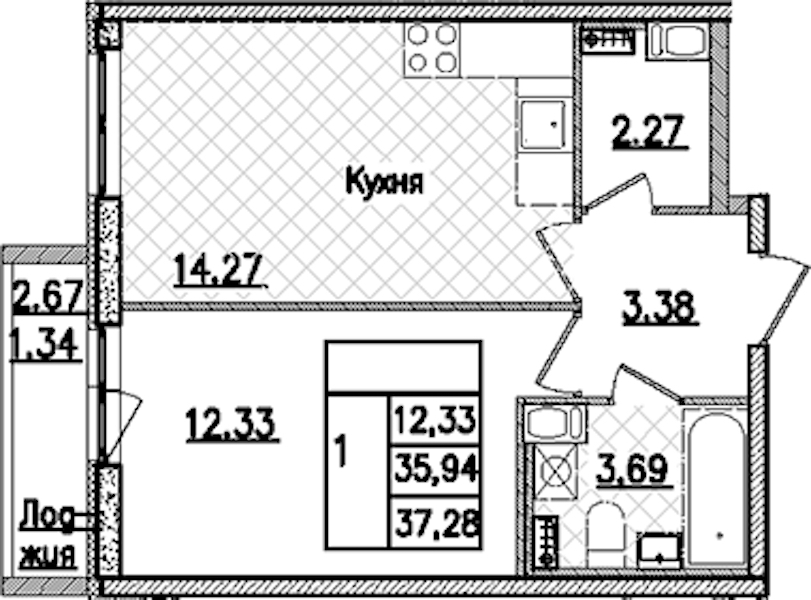 1-комнатная квартира 37.28 м², 3/9 эт., ЖК «Кинопарк»