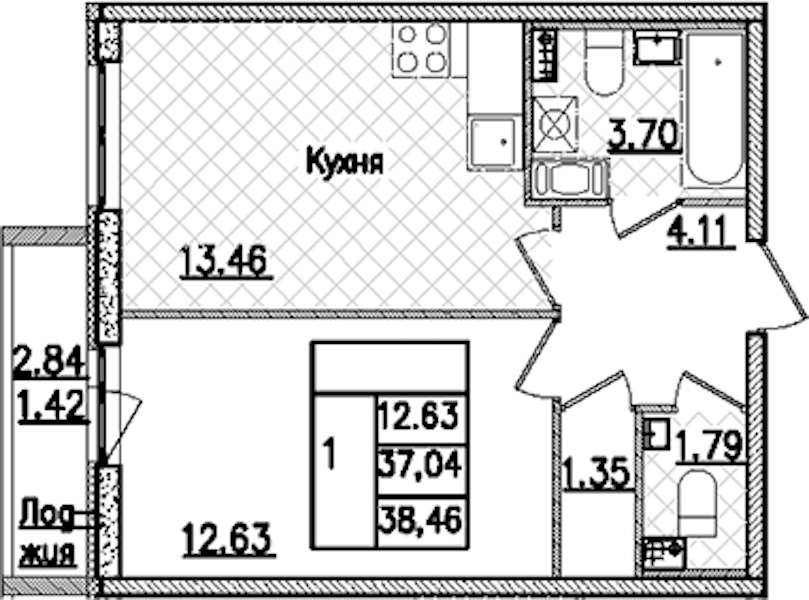 1-комнатная квартира 38.46 м², 3/9 эт., ЖК «Кинопарк»