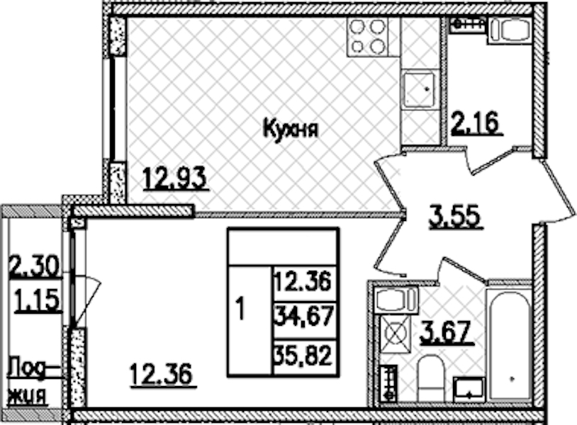 1-комнатная квартира 35.82 м², 3/9 эт., ЖК «Кинопарк»