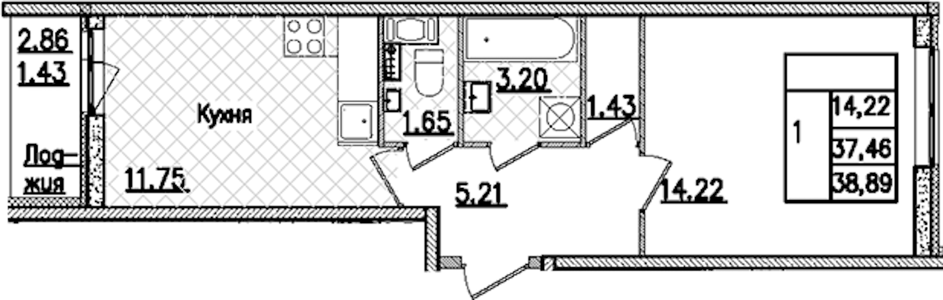 1-комнатная квартира 38.89 м², 3/9 эт., ЖК «Кинопарк»