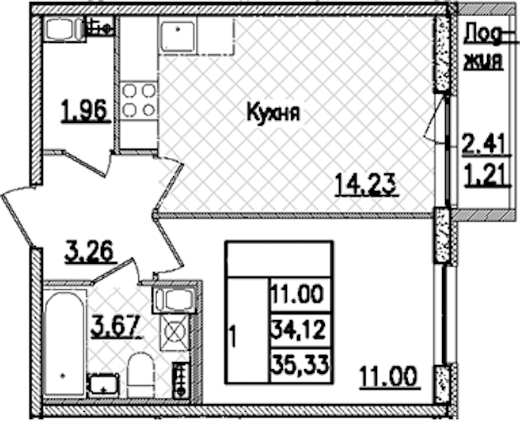 1-комнатная квартира 35.33 м², 5/9 эт., ЖК «Кинопарк»
