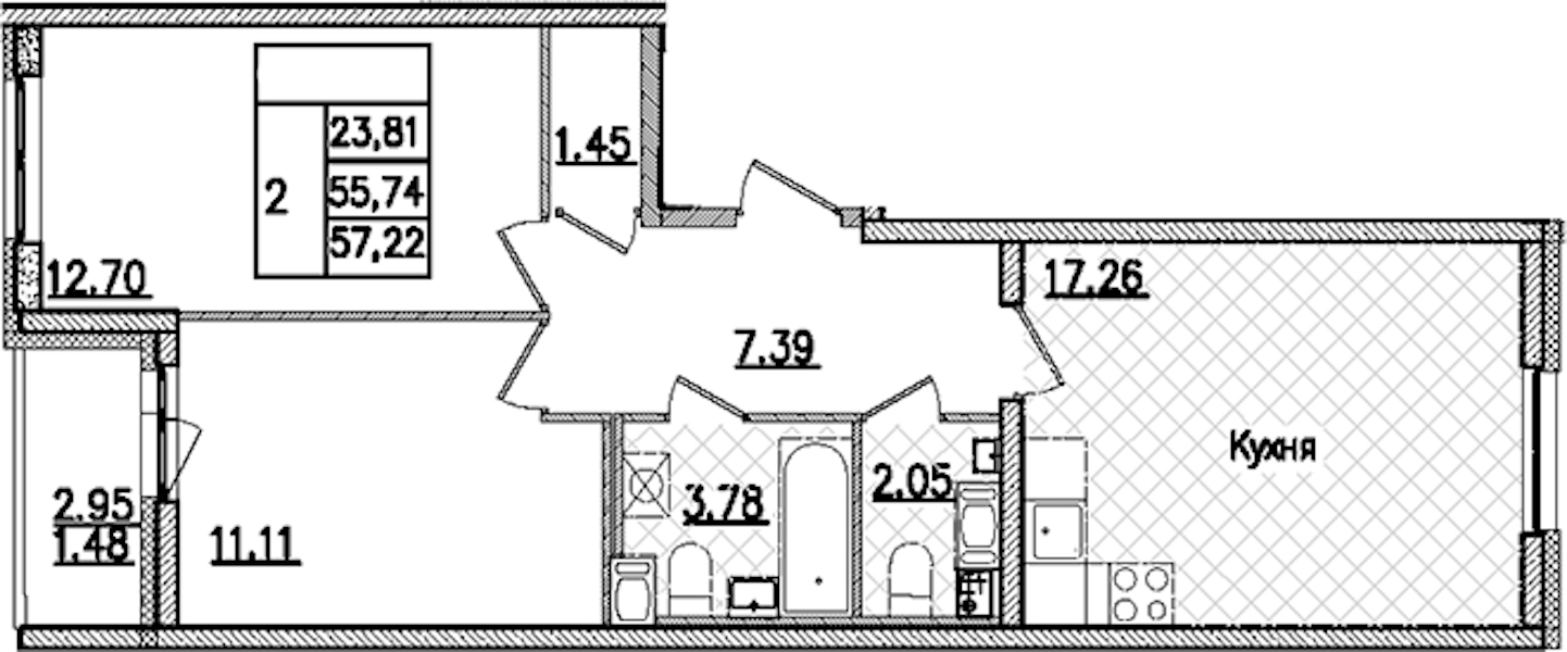 2-комнатная квартира 57.22 м², 5/9 эт., ЖК «Кинопарк»