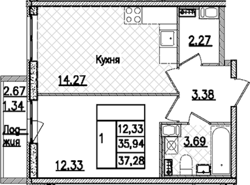 1-комнатная квартира 37.28 м², 7/9 эт., ЖК «Кинопарк»