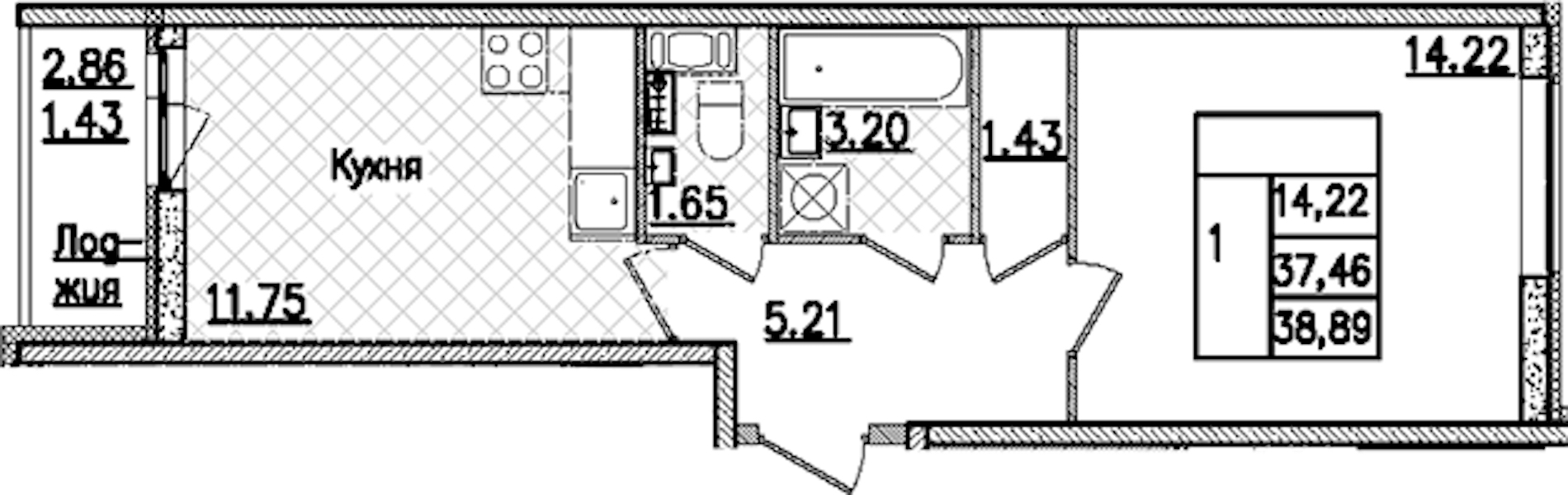 1-комнатная квартира 38.89 м², 7/9 эт., ЖК «Кинопарк»