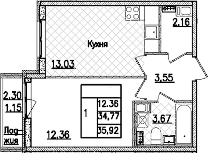 1-комнатная квартира 35.92 м², 8/9 эт., ЖК «Кинопарк»