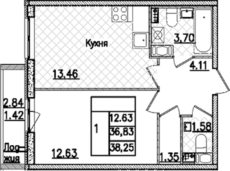 1-комнатная квартира 38.25 м², 9/9 эт., ЖК «Кинопарк»