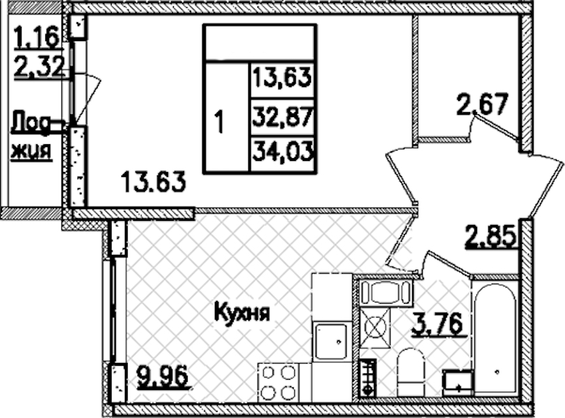 1-комнатная квартира 34.03 м², 3/9 эт., ЖК «Кинопарк»
