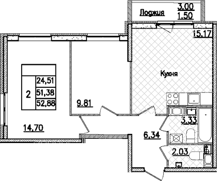 2-комнатная квартира 52.88 м², 3/9 эт., ЖК «Кинопарк»