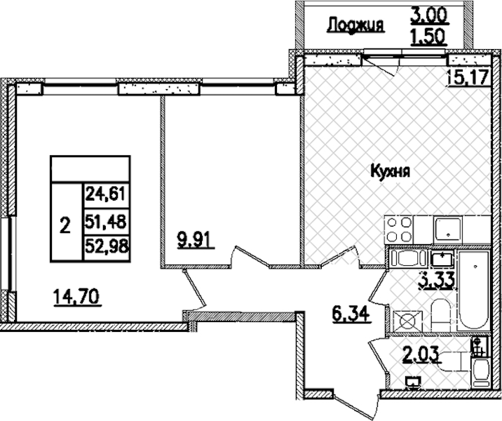 2-комнатная квартира 52.98 м², 5/9 эт., ЖК «Кинопарк»