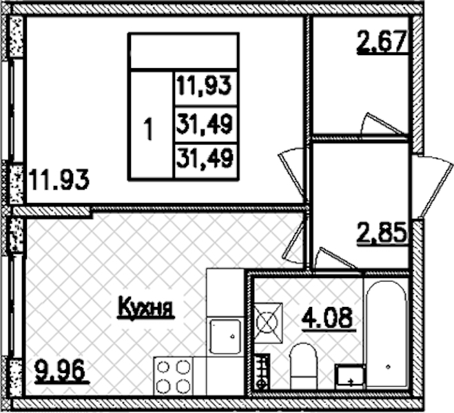 1-комнатная квартира 31.49 м², 2/9 эт., ЖК «Кинопарк»