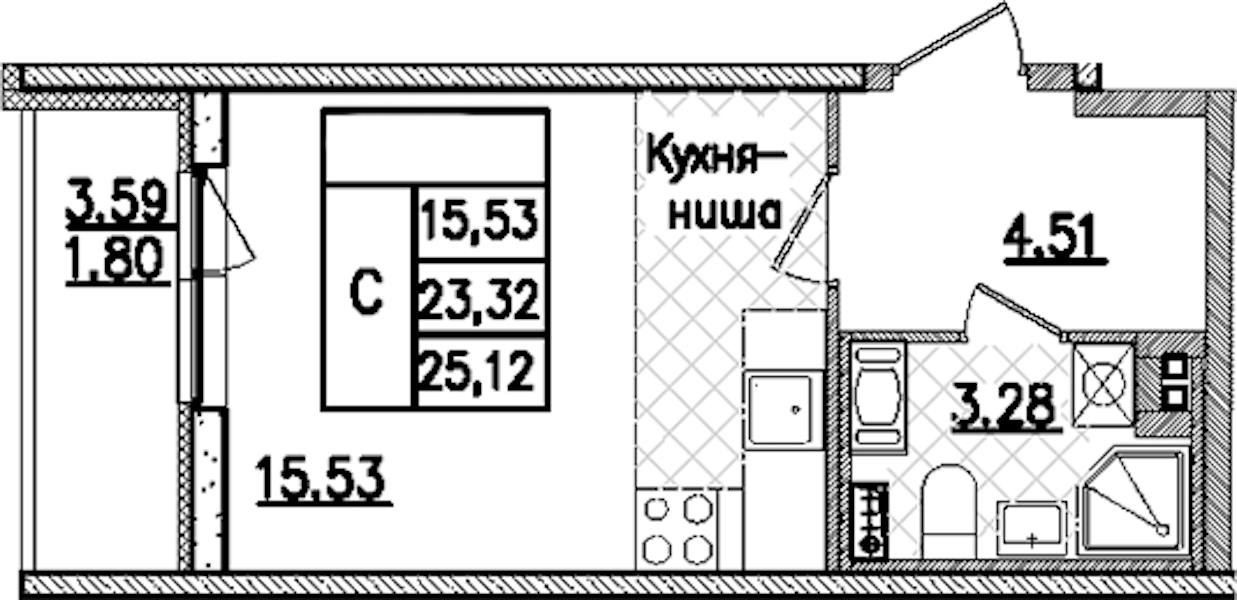 Квартира студия 25.12 м², 6/9 эт., ЖК «Кинопарк»