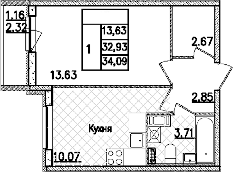 1-комнатная квартира 34.09 м², 7/9 эт., ЖК «Кинопарк»