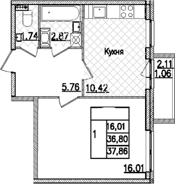 1-комнатная квартира 37.86 м², 8/9 эт., ЖК «Кинопарк»