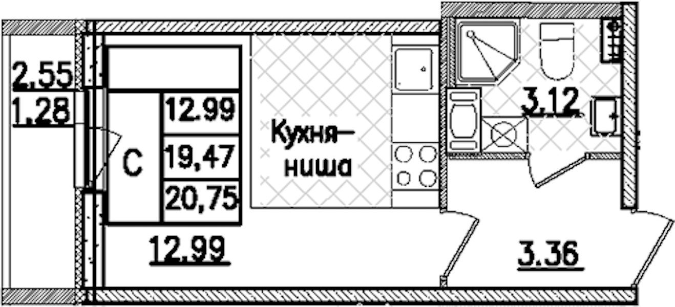 Квартира студия 20.75 м², 9/9 эт., ЖК «Кинопарк»