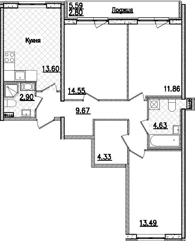 3-комнатная квартира 77.57 м², 6/9 эт., ЖК «Кинопарк»