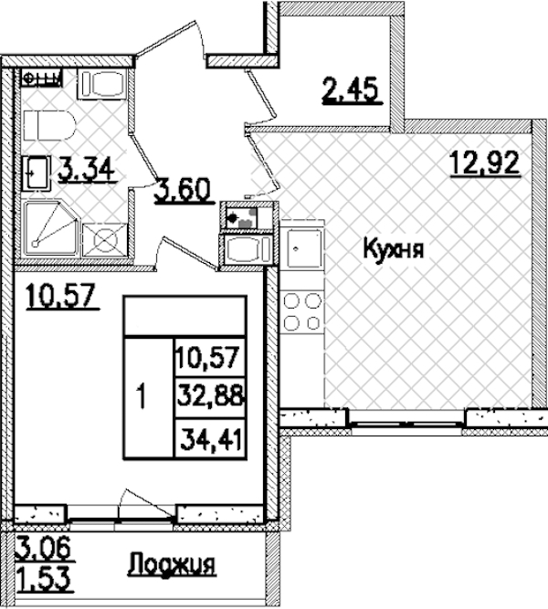 1-комнатная квартира 34.41 м², 8/9 эт., ЖК «Кинопарк»