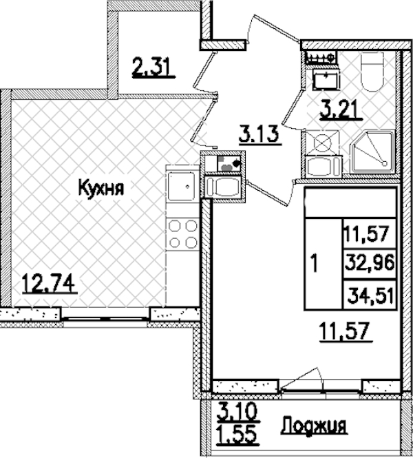1-комнатная квартира 34.51 м², 9/9 эт., ЖК «Кинопарк»
