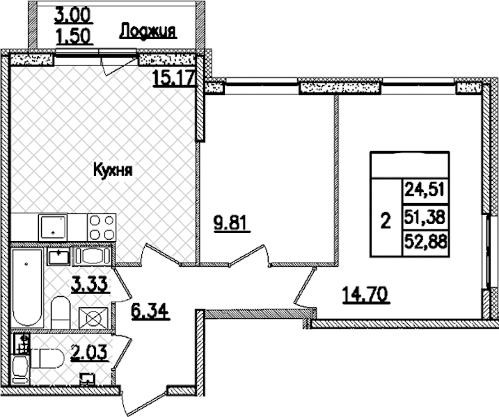 2-комнатная квартира 52.88 м², 3/9 эт., ЖК «Кинопарк»