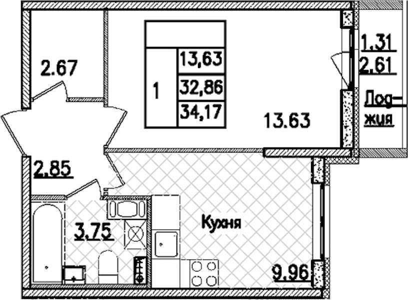 1-комнатная квартира 34.17 м², 3/9 эт., ЖК «Кинопарк»