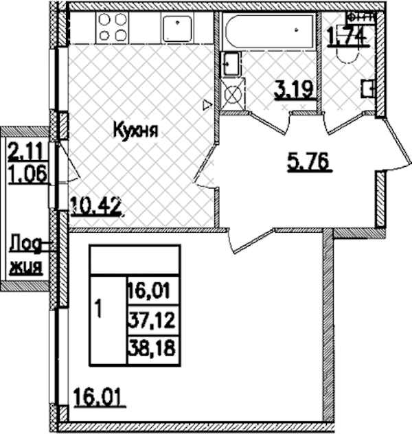 1-комнатная квартира 38.18 м², 3/9 эт., ЖК «Кинопарк»
