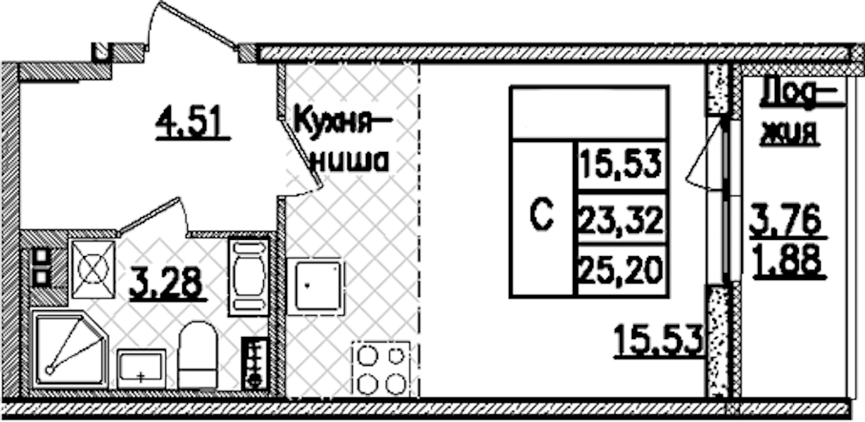 Квартира студия 25.2 м², 5/9 эт., ЖК «Кинопарк»