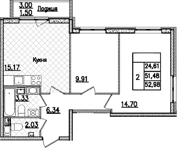 2-комнатная квартира 52.98 м², 6/9 эт., ЖК «Кинопарк»
