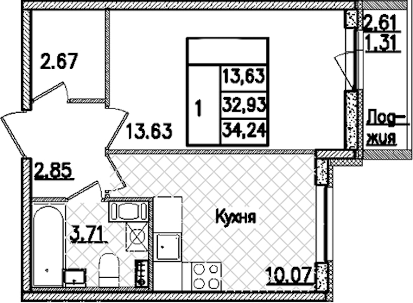 1-комнатная квартира 34.24 м², 8/9 эт., ЖК «Кинопарк»