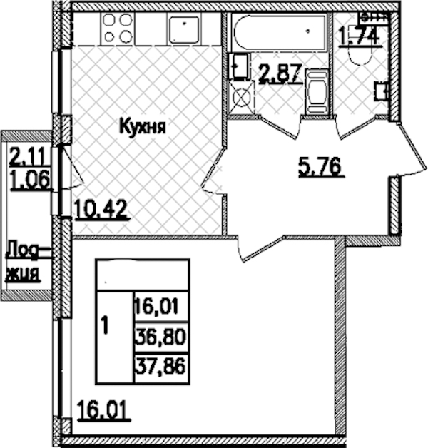 1-комнатная квартира 37.86 м², 9/9 эт., ЖК «Кинопарк»