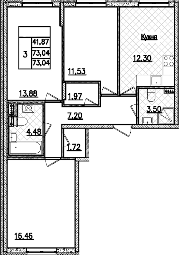 3-комнатная квартира 73.04 м², 2/9 эт., ЖК «Кинопарк»