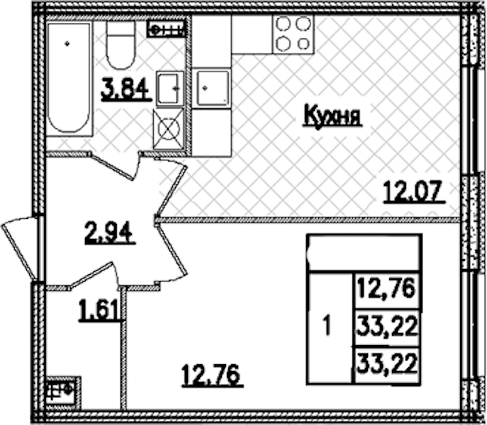 1-комнатная квартира 33.22 м², 1/9 эт., ЖК «Кинопарк»