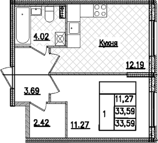 1-комнатная квартира 33.59 м², 1/9 эт., ЖК «Кинопарк»