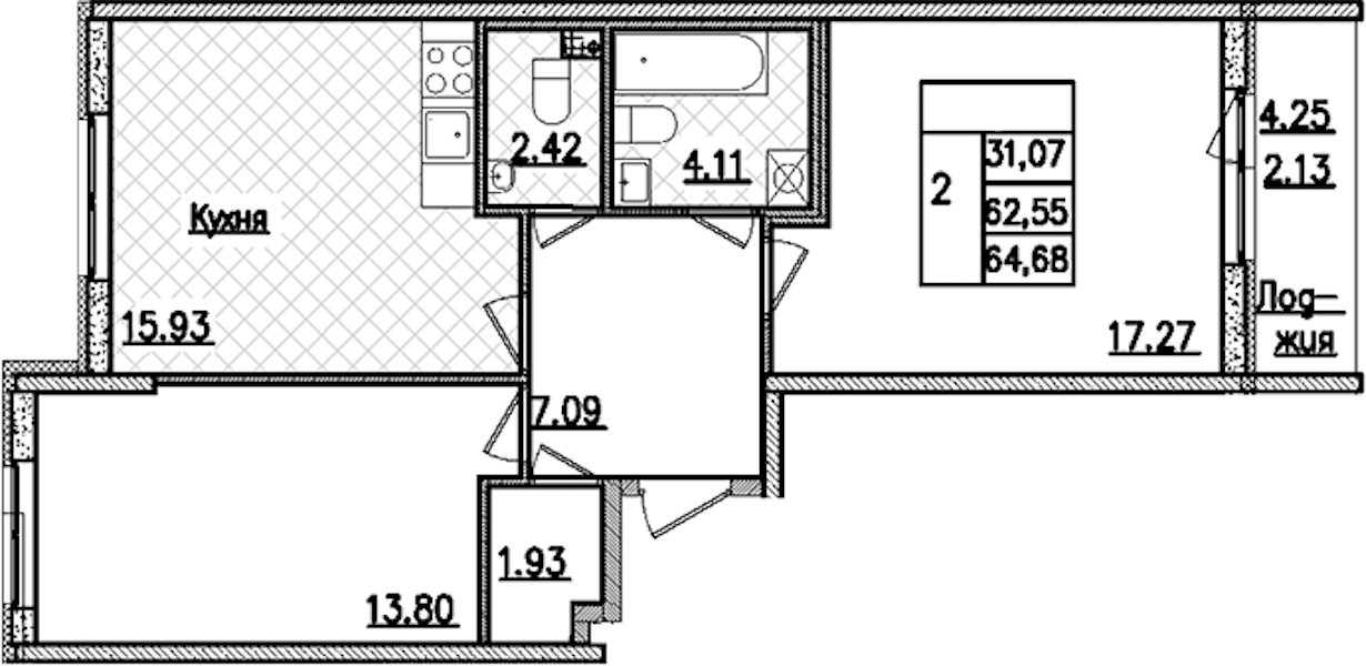 2-комнатная квартира 64.68 м², 2/9 эт., ЖК «Кинопарк»