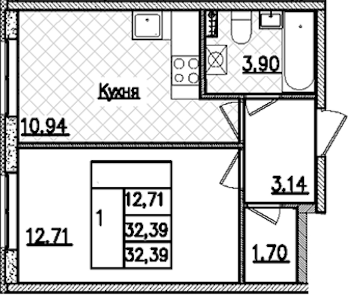 1-комнатная квартира 32.39 м², 2/9 эт., ЖК «Кинопарк»