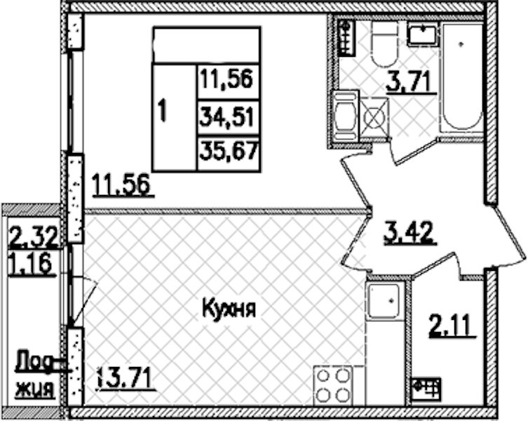 1-комнатная квартира 35.67 м², 3/9 эт., ЖК «Кинопарк»