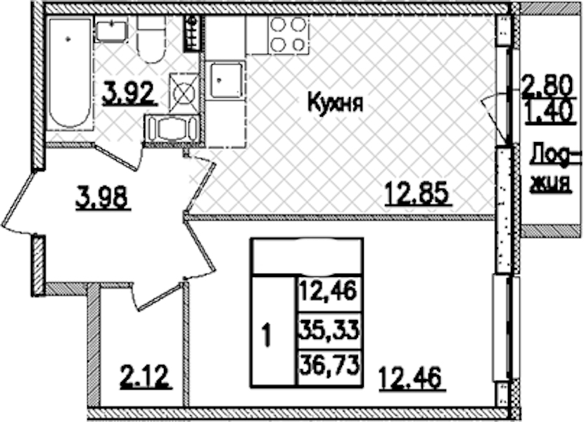 1-комнатная квартира 36.73 м², 3/9 эт., ЖК «Кинопарк»