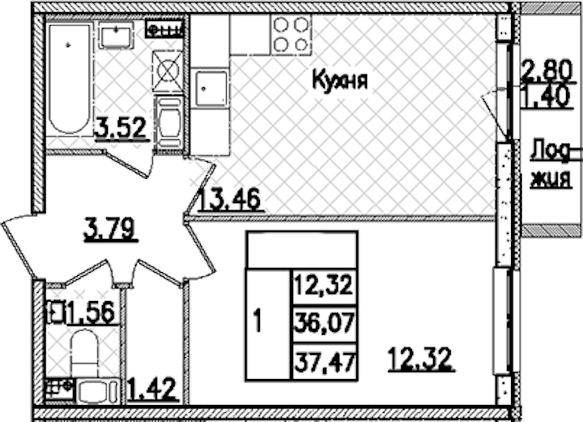 1-комнатная квартира 37.47 м², 3/9 эт., ЖК «Кинопарк»