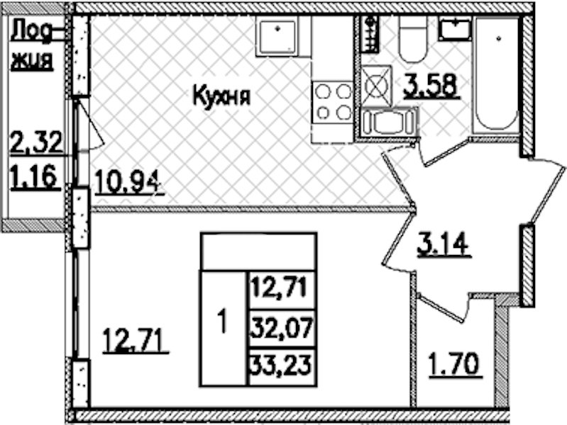 1-комнатная квартира 33.23 м², 3/9 эт., ЖК «Кинопарк»