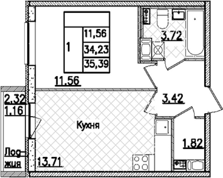 1-комнатная квартира 35.39 м², 6/9 эт., ЖК «Кинопарк»